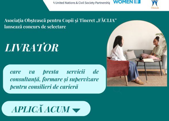 Concurs de selectare a unui livrator care va presta servicii de consultanță, formare și supervizare pentru consilieri de carieră